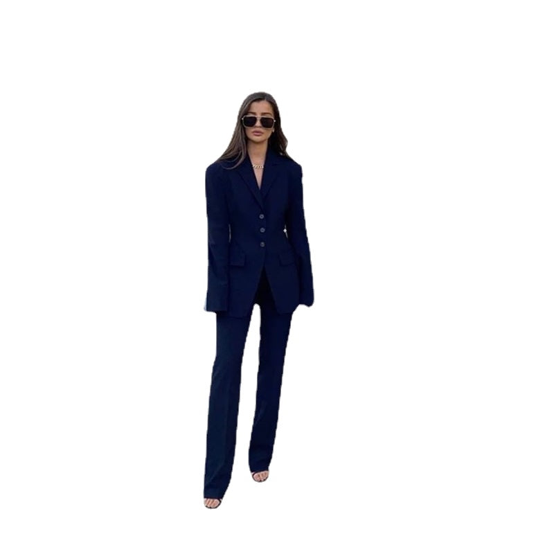 Conjunto de traje azul marino para mujer, chaqueta de manga larga y pantalón, chaqueta a medida, vestido informal para fiesta de graduación 