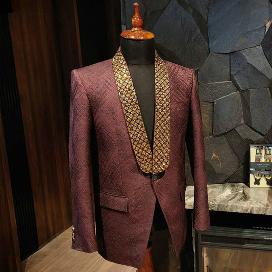 Dark Red Formal Men Suits with Gold Sequined Beading Two Pieces Groom Wear ( Jacket + Pants )