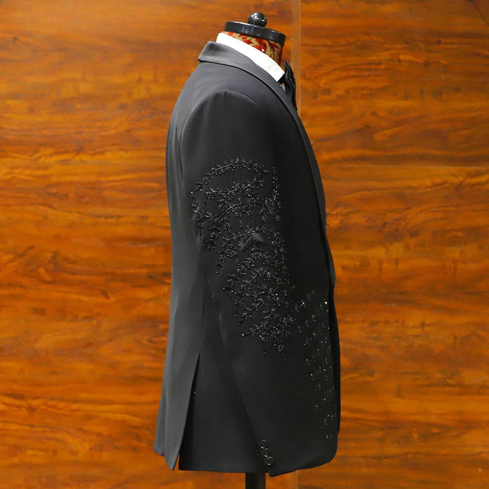 Costume 2 pièces noir pour homme, blazer et pantalon, avec appliques à paillettes et perles, smoking, haute couture, mariage, bal, grande taille, sur mesure