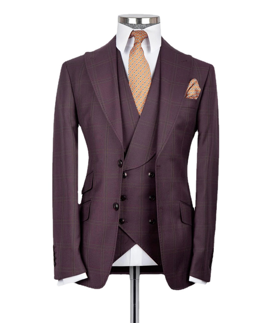 Classic Burgundy Plaid Wedding Tuxedo Formal Groom Men Suits Slim fit 3PCS Blazer Vest Pants Business Wear Prom Party Male Suit