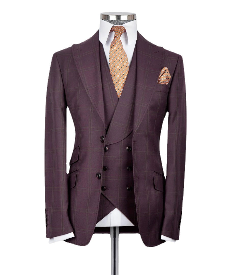 Costume de mariage classique à carreaux bordeaux pour homme, coupe cintrée, 3 pièces, blazer, gilet, pantalon, tenue d'affaires, de bal, de soirée 