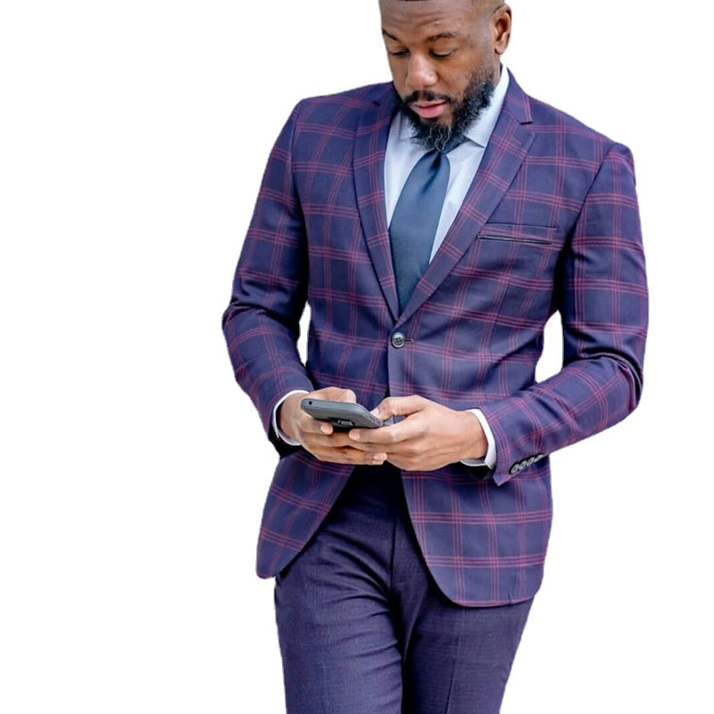 Costume 2 pièces à carreaux violets pour homme, coupe slim, un bouton, pantalon à carreaux, coupe ajustée, pour bal, fête, mariage 