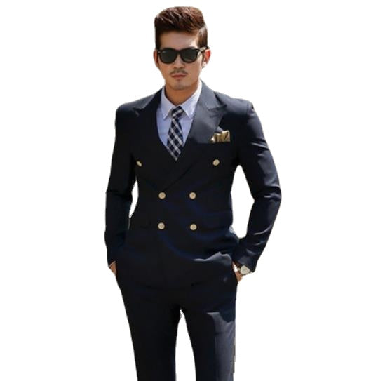 Men's Black Double Breasted Korean Slim Fit Suit Gentleman Suit Business Groom Wedding Dress (Top Jacket + Trousers)