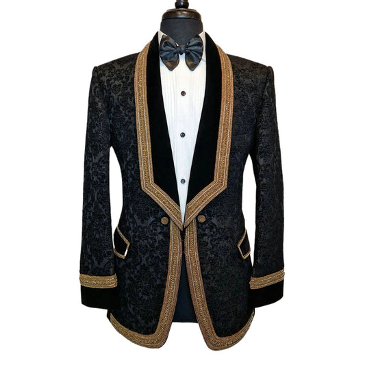 Costume homme en jacquard noir avec bordure dorée, deux pièces, blazer de soirée, tenue de marié (veste + pantalon)