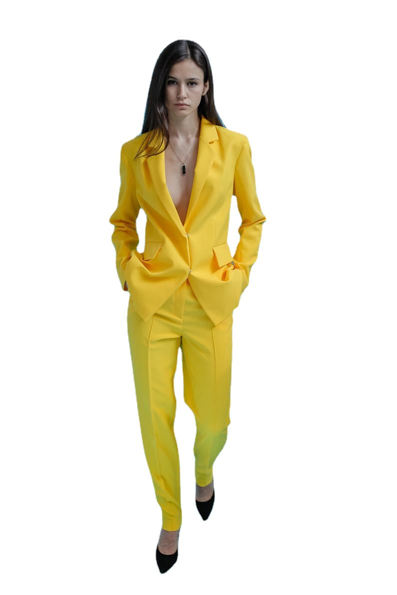 Traje de pantalón amarillo para madre de la novia, para mujer, de manga larga, formal, de negocios, con blazer y cinturón, 2 piezas 
