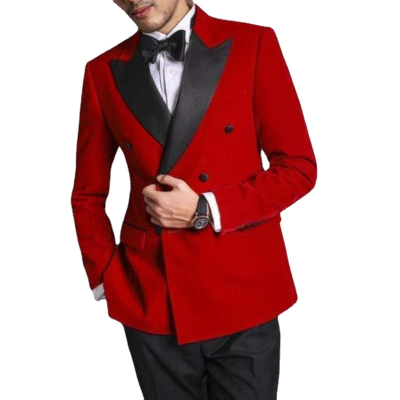 Trajes de negocios para hombre, de doble botonadura, color rojo, para novio, esmoquin, vestido de fiesta, chaqueta, abrigo y pantalones (chaqueta + pantalón) 