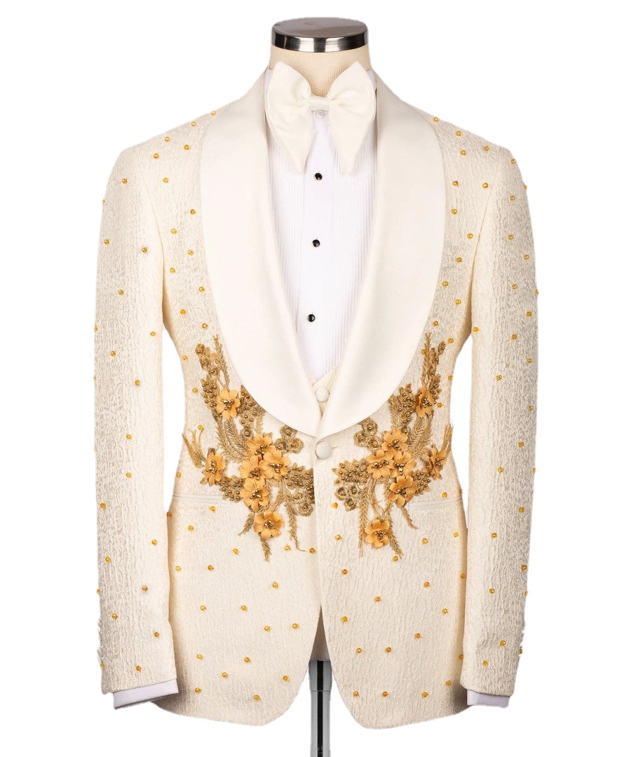 Luxury Groom Men Suits Pearls Appliques Beige Wedding Tuxedos Tailored Made 3pcs Blazer Vest Formal Prom Party Dress