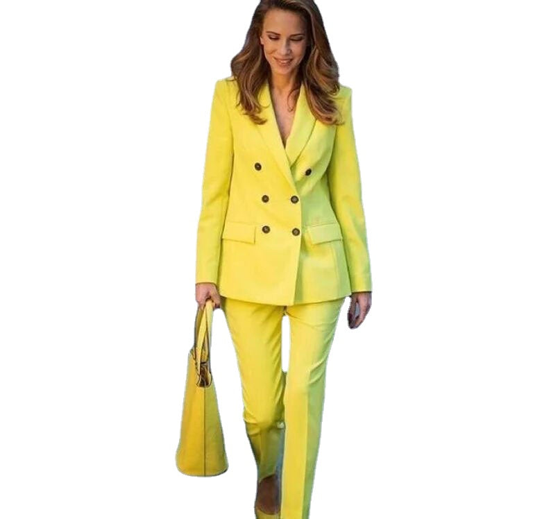 Costume blazer croisé jaune pour femme, coupe slim, tenue de soirée, de mariage, 2 pièces 