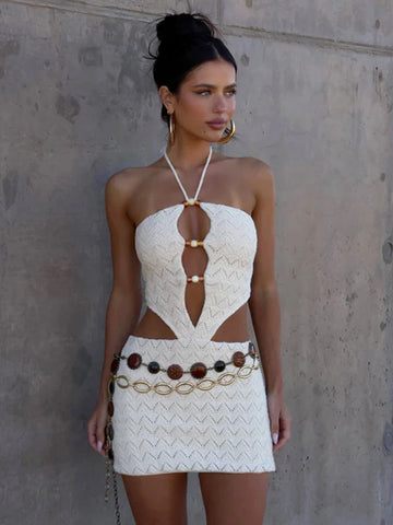 Rockmore Sexy Hollow Out Knitting Halter Beach Dress for Vacation Party Clubwear Fashion Women Backless Mini Cover-Up Dresses
