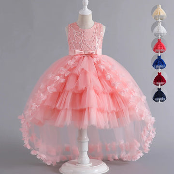 Girls Sleeveless Floral Ruffled Tiered Tulle Ball Gown Princess Dress