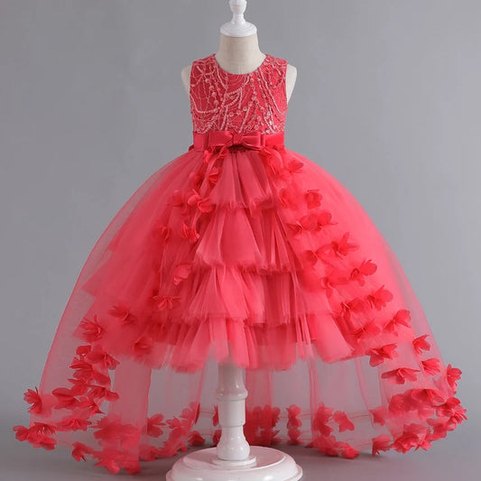 Girls Sleeveless Floral Ruffled Tiered Tulle Ball Gown Princess Dress