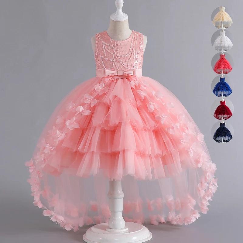 Girls Sleeveless Flower Tulle High Low Bridal Wedding Party Dress Multiple Colors