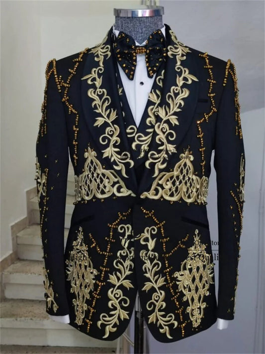 Gold Metal Embellished Men Suits Appliques Lace Groom Wedding Tuxedos 3 Pieces Sets Dinner Prom Blazers