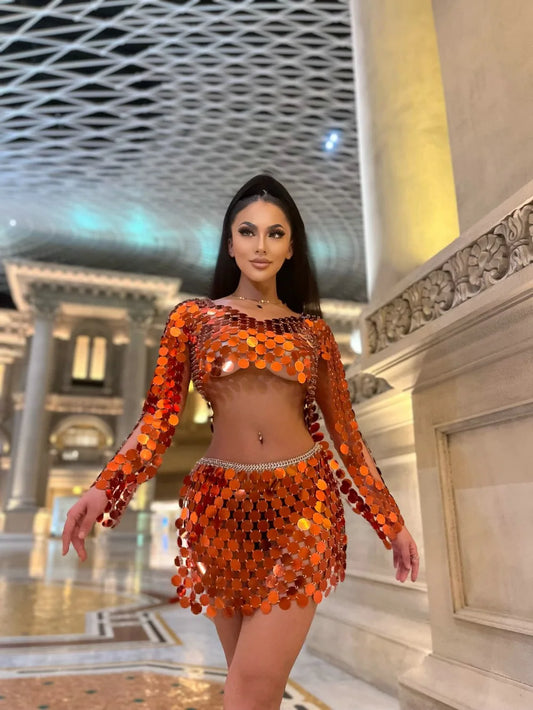 New Arrivals Women Sexy Orange 2 Piece Outfits Long Sleeve Party Sequins Chainmail Crop Top and Mini Skirt Set