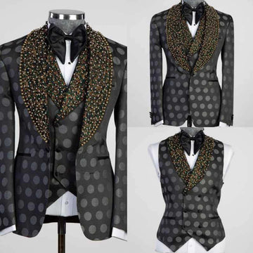 Luxury Pearl Crystals Mens Suits Slim Fit Groom Wedding Tuxedos 3 Pieces Sets Bridegroom Prom Blazers Ropa