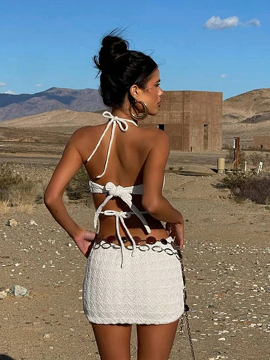 Rockmore Sexy Hollow Out Knitting Halter Beach Dress for Vacation Party Clubwear Fashion Women Backless Mini Cover-Up Dresses