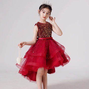 Kids Red Sparkly High Low Party Dress with Gold Sequin Top and Bow Belt