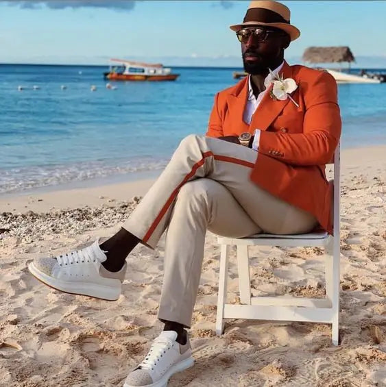 Costume 2 pièces orange tendance pour homme (veste + pantalon), smoking décontracté pour mariage, bal de promo, soirée
