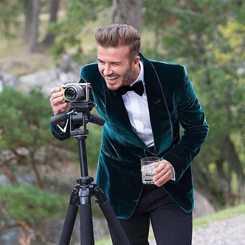 2 Piece Green Velvet Men Suit With Black Wool Pants Custom Groom Wedding Tuxedo 2 Piece Slim Fit Prom Wedding Suit