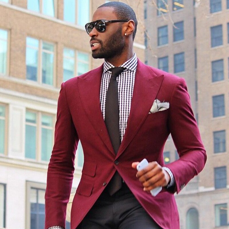 2 Piece Slim Fit Burgundy Men Business Suit With Black Pants Custom Groom Wedding Tuxedo Prom Wedding Busniess Suit