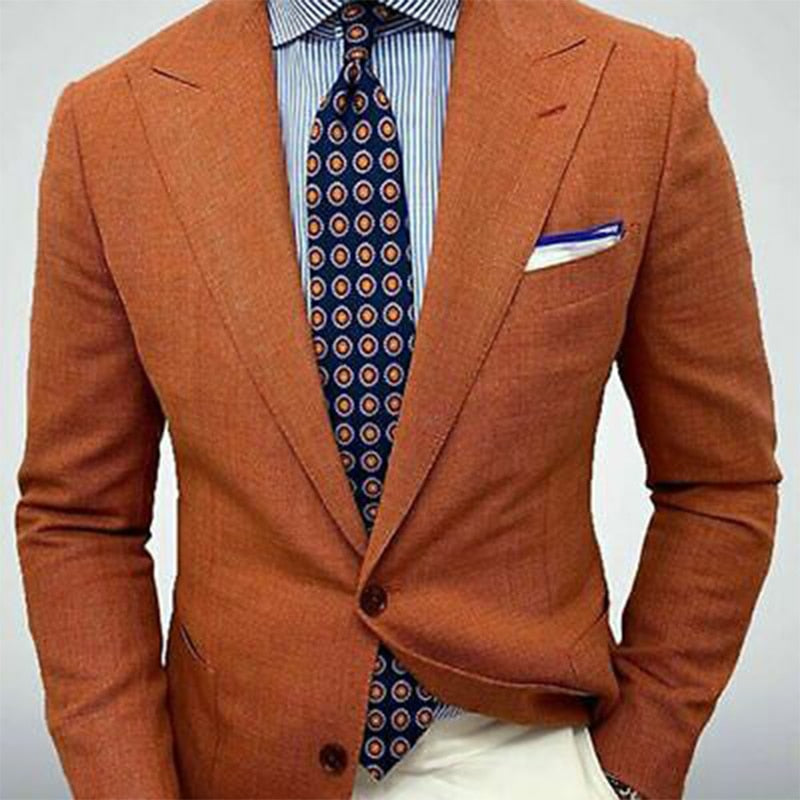 Orange Slim Fit Linen Men Suit With Ivory Pants Groom Wedding Tuxedo Prom Wedding Business Suit