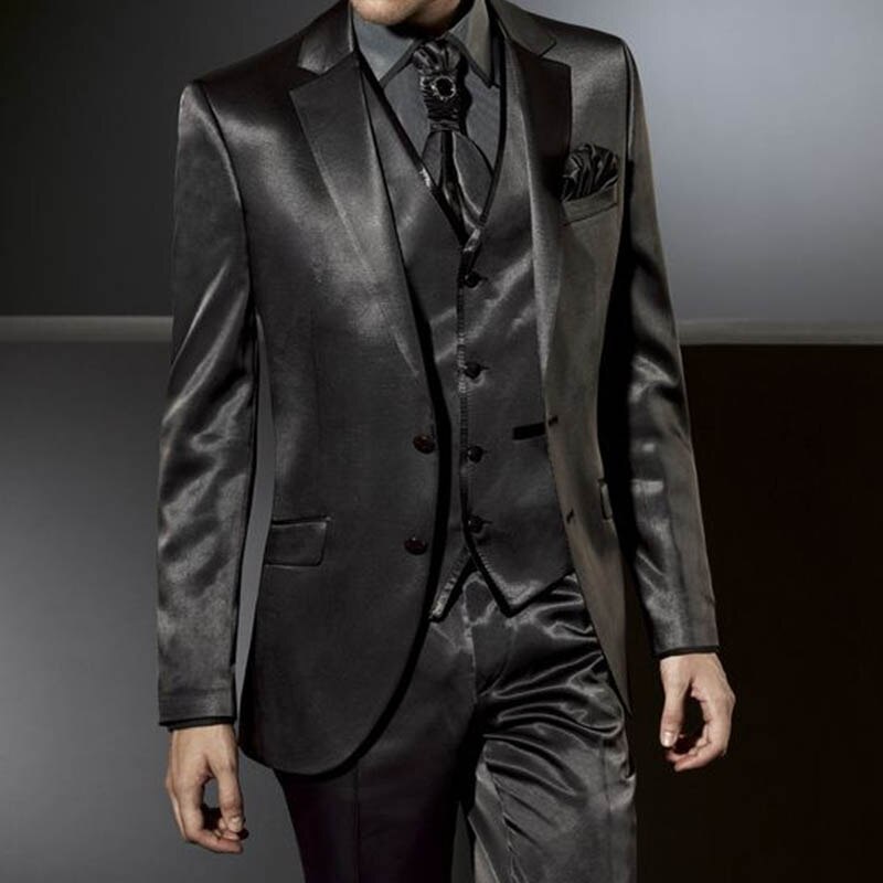 Costume 3 pièces en satin pour homme, coupe slim, smoking de mariage, smoking noir, costume de bal