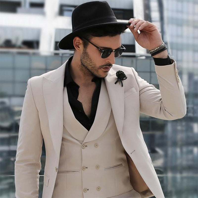 Beige 3 Piece Slim Fit Cutsom Formal Suit Business Peaked Lapel Suit Groom Wedding Beige Tuxedo For Men