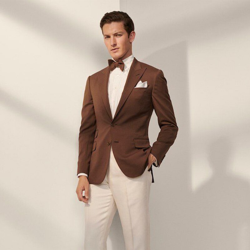 Browm Slim Fit Wool Men Suit With Ivory Pants Groom Wedding Tuxedo Prom Wedding Men Suit