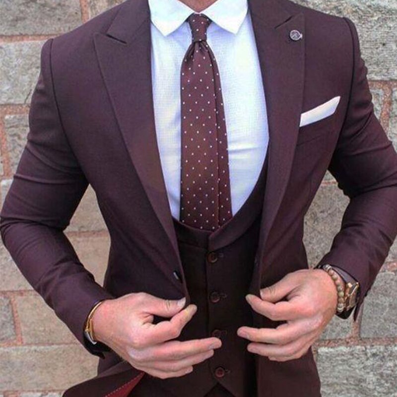 Burgundy Men 3 Piece Business Slim Fit Suit Set Custom Wool Groom Wedding Tuxedo Slim Prom Wedding Business Suit