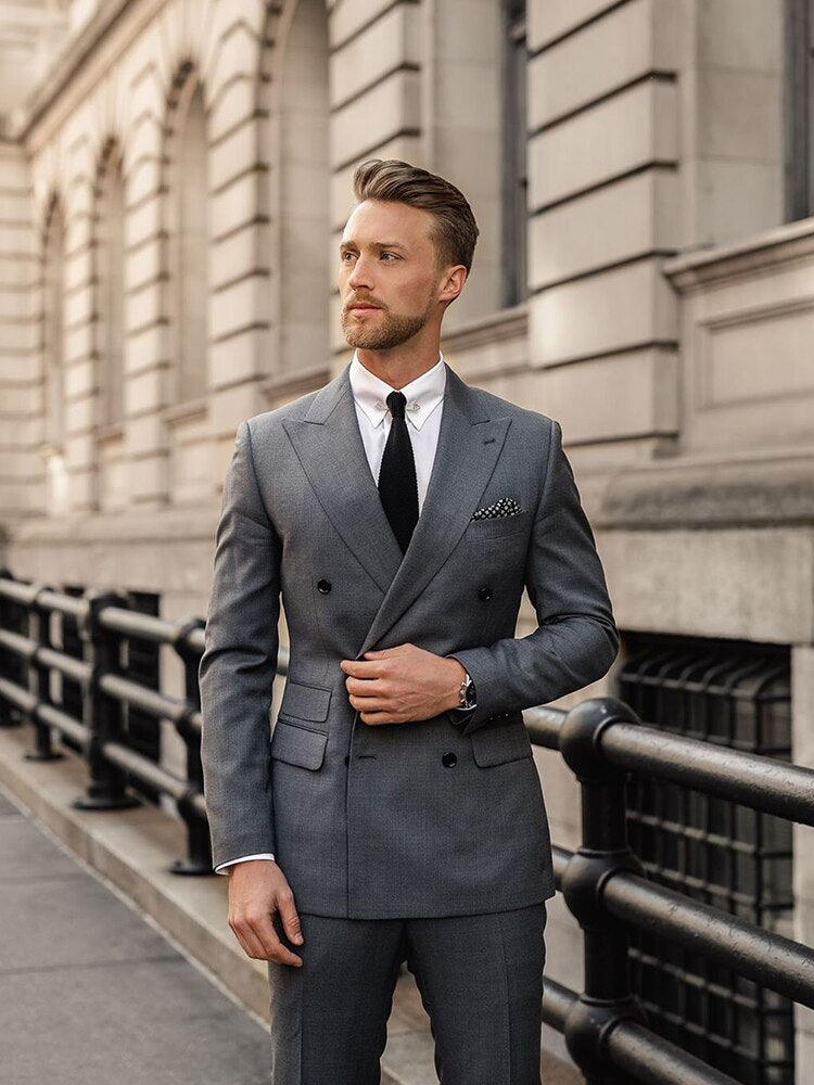 Traje de negocios cruzado para hombre, con pantalón, corte entallado, 2 piezas, solapa de pico, esmoquin para boda