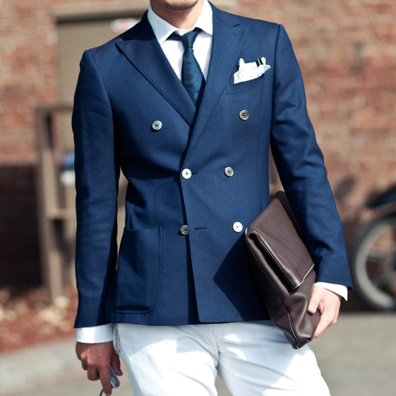 Double Breasted Navy Bule 2 Piece Slim Men Suit With White Pants Groom Wedding Tuxedo Prom Wedding Business Men Suit