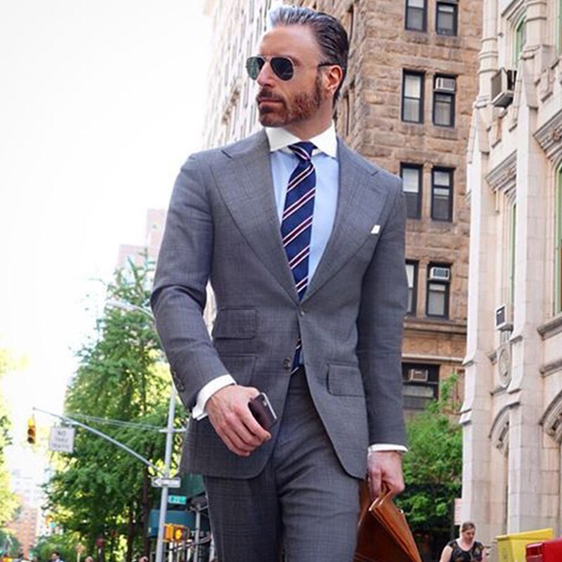 Grey 2 Piece Slim Fit Men Formal Suit Wide Lapel Grey Groom Wedding Tuxedo Custom Prom Wedding Men Suit Set