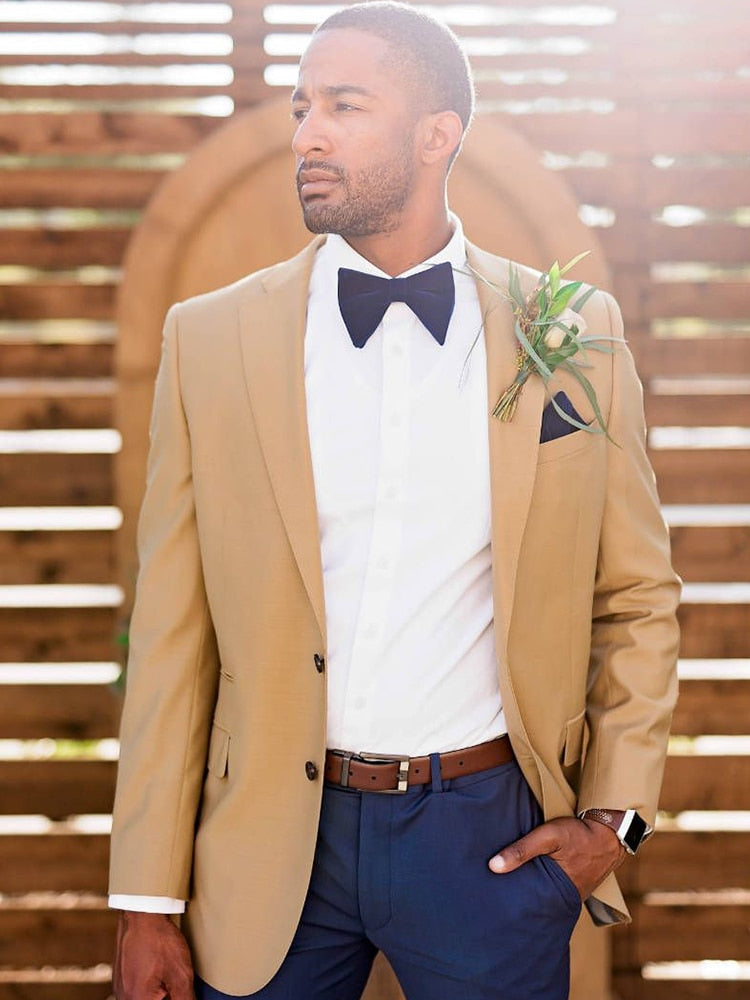 Khaki 2 Piece Slim Fit Men Suit With Navy Pants Tailor Made Groom Wedding Tuxedo Prom Wedding Men Suit Set