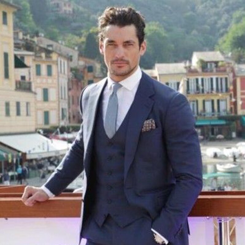 Costume 3 pièces bleu marine pour homme, coupe slim, sur mesure, avec pantalon
