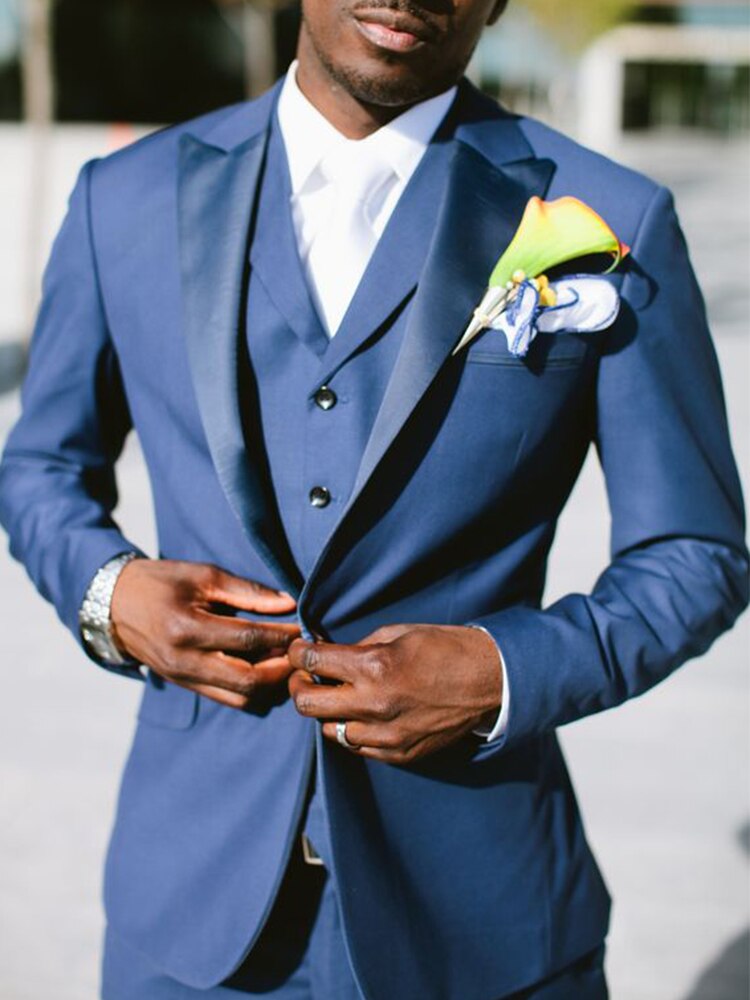 Costume 3 pièces bleu marine pour homme, coupe slim, sur mesure, avec pantalon