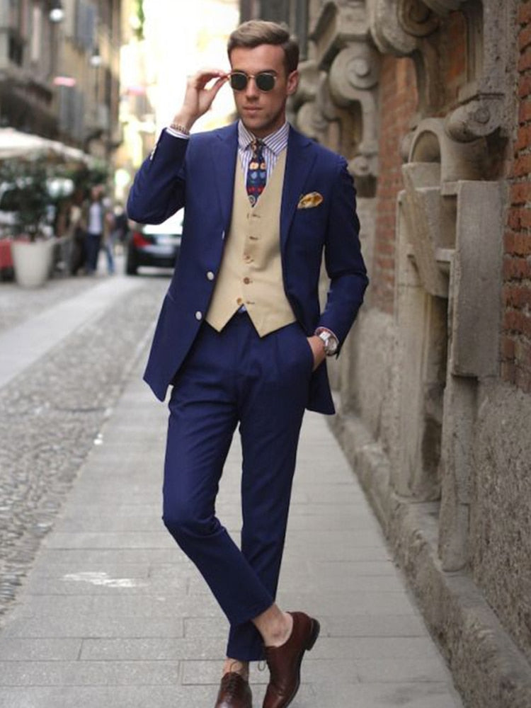 Costume 3 pièces bleu marine pour homme, coupe slim, sur mesure, avec pantalon