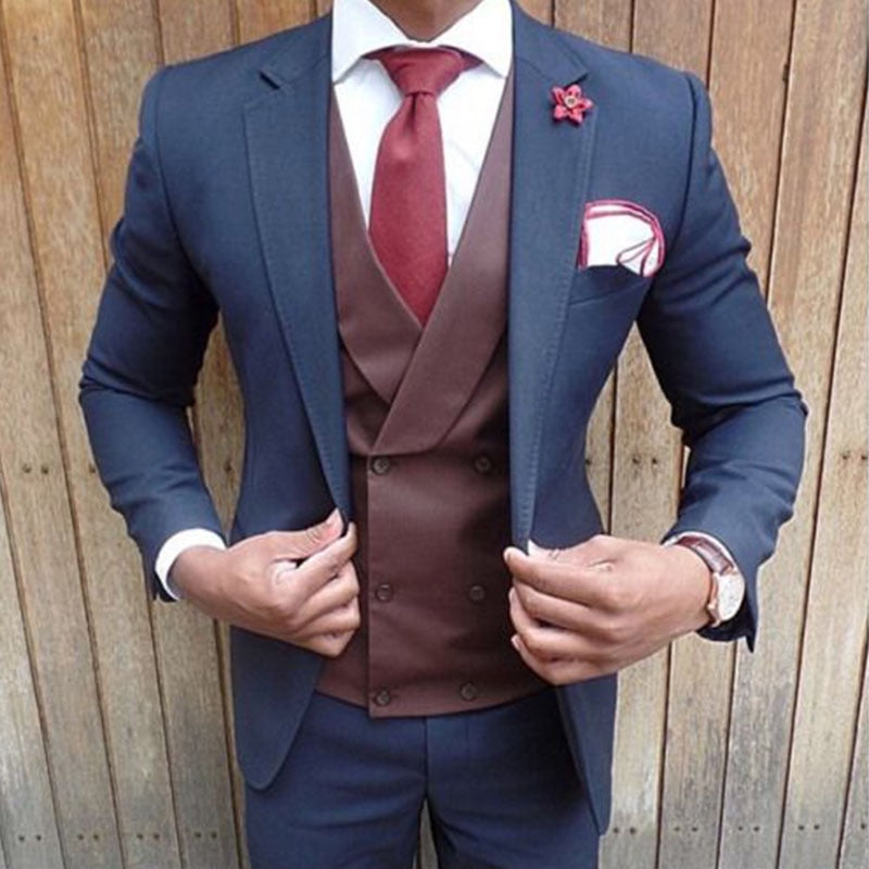 Costume 3 pièces bleu marine pour homme, coupe slim, sur mesure, avec pantalon