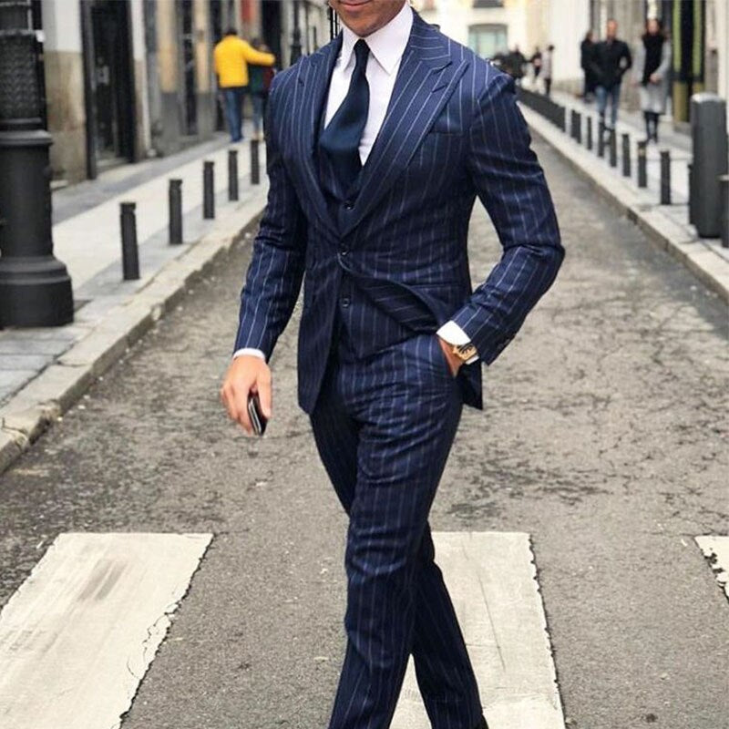 Costume 3 pièces bleu marine à rayures pour homme, coupe slim, smoking de mariage, bal de promo, costume sur mesure avec pantalon