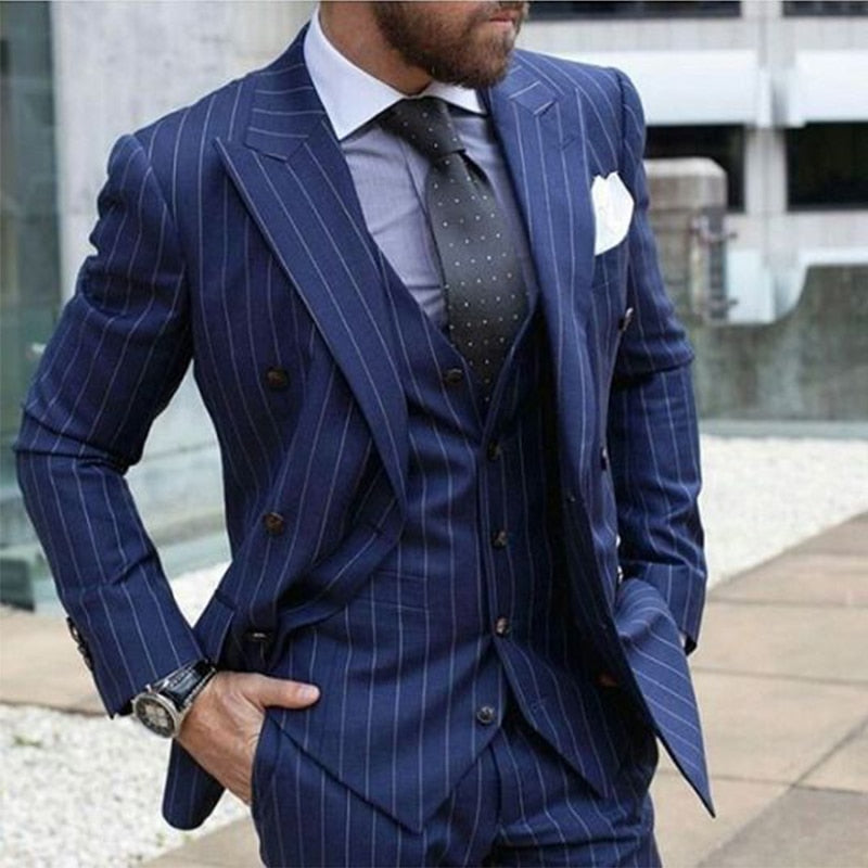 Costume 3 pièces bleu marine à rayures pour homme, coupe slim, smoking de mariage, bal de promo, costume sur mesure avec pantalon