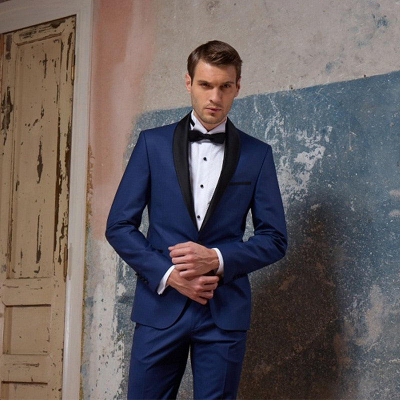 Costume 2 pièces bleu marine pour homme, coupe slim, sur mesure, smoking de mariage, bal de promo, mariage