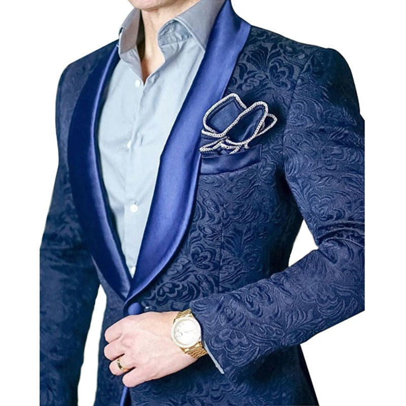 Costume 2 pièces bleu marine en jacquard pour homme, coupe slim, revers châle, pour marié, mariage