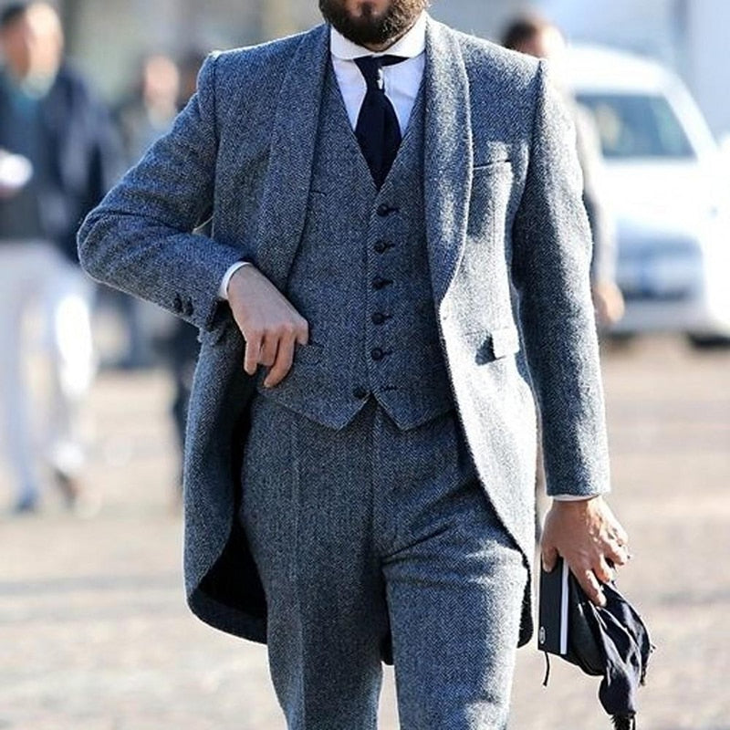 Herringbone Tweed Men Suit for Winner Plus Size 3 Pieces Groom Tuxedos Formal Wedding Suits