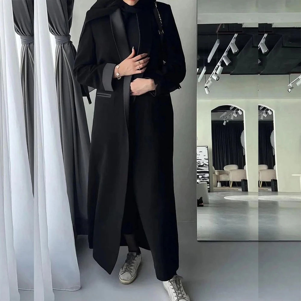 Abayas Dubaï Luxe Noir Châle Revers Longue Veste 1 Pièce Haute Qualité Femme Vêtements Robes Formelle Musulman Manteau Vêtements D'extérieur