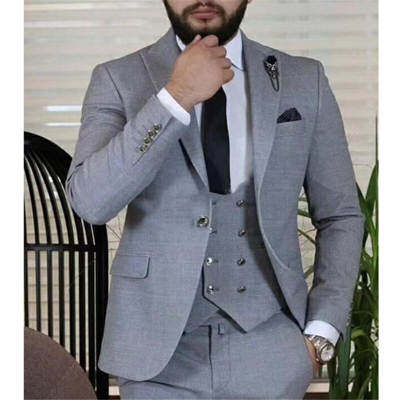 Traje gris de 3 piezas para hombre, corte entallado, para graduación, boda, esmoquin formal para novio, conjunto de negocios (chaqueta, chaleco y pantalones) 