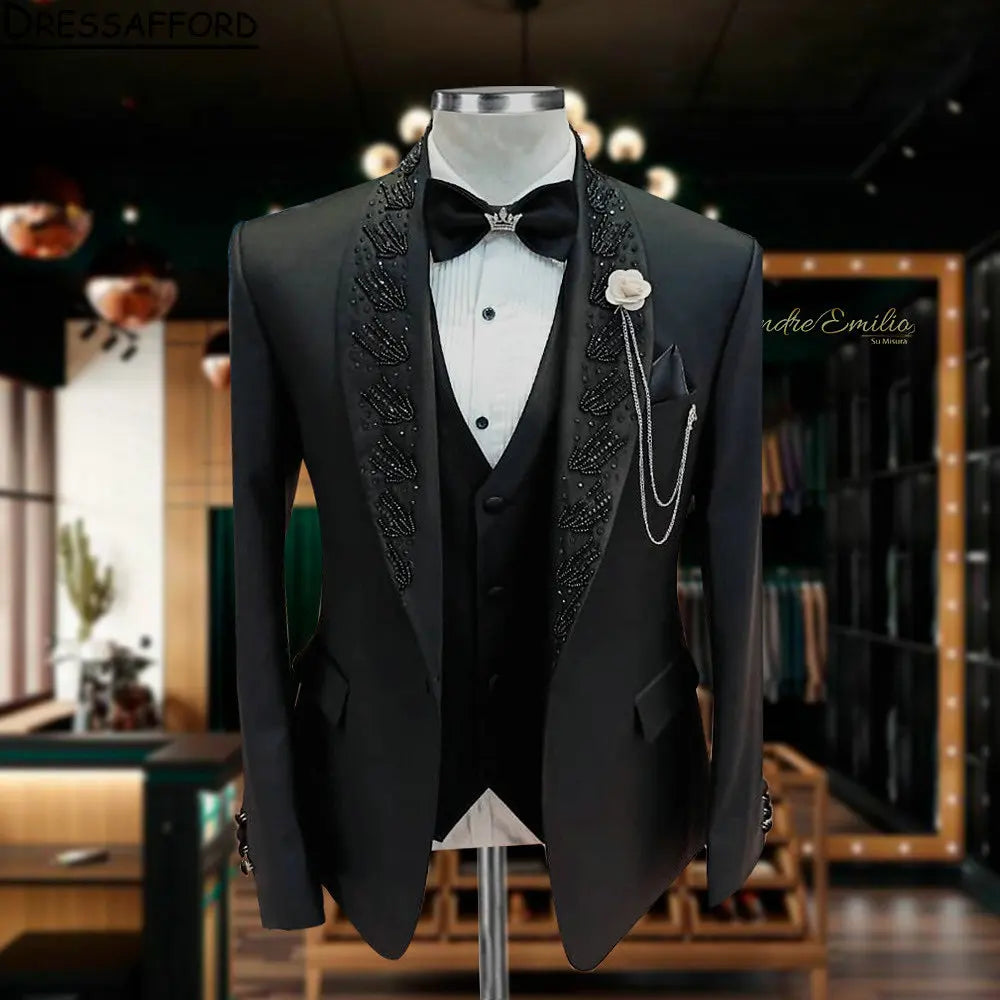 Costume 3 pièces pour homme, élégant et décontracté, avec perles noires, pour soirée, mariage, smoking