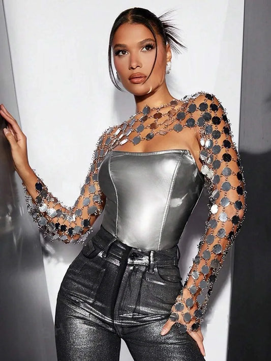 Women's Sequin Decor Long Sleeve Top Solid Color Metallic Gorgeous Music Festival Club Party Date Night Sparkly Cover-Up Top