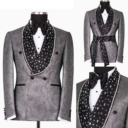 Stunning Style Diamond Beadeds Men Suits 2 Pieces Sets Beat Party Prom Blazer Slim Fit Costume Homme Groom Tuxedos Customized
