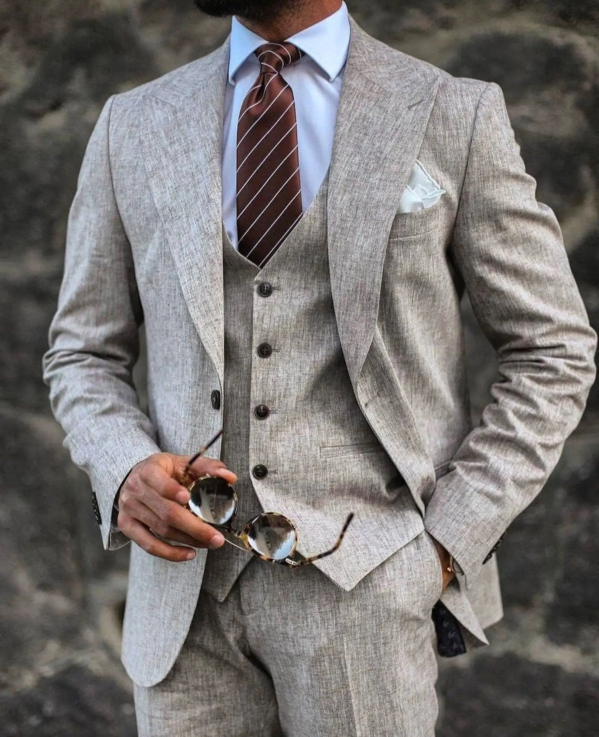 Linen Suits For Men Wedding Party Prom Tuxedo Custom Made Three Pieces Jacket+Pants+Vest