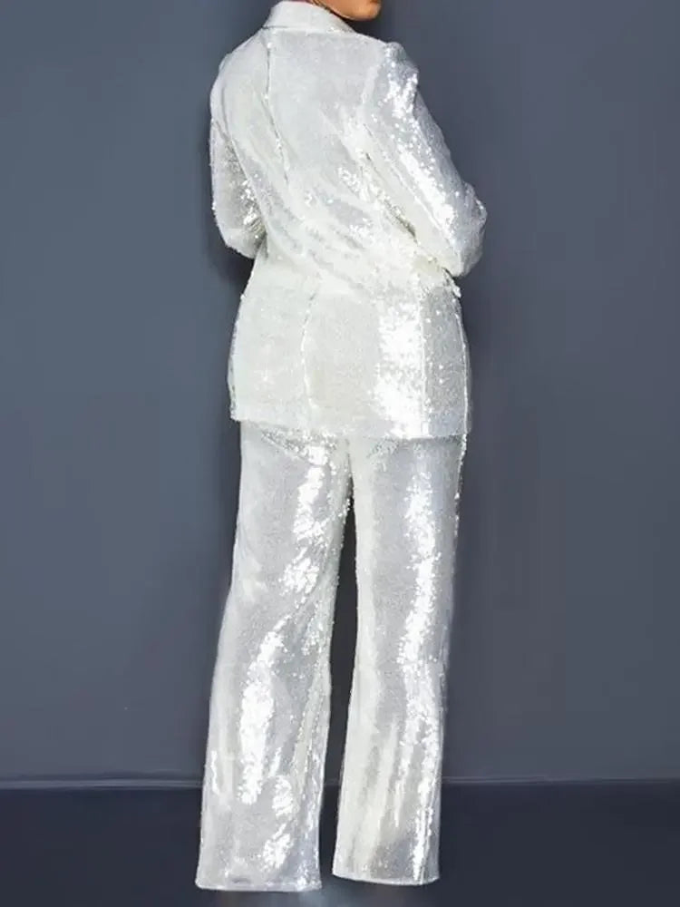 Ensemble deux pièces haut et pantalon en polyester à manches longues et col en V pour femme