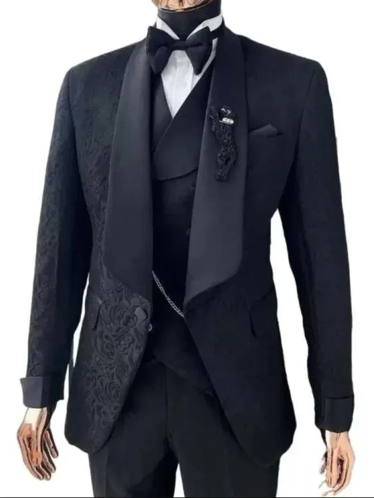 African Wedding Men Suits for Groom Tuxedo Floral Formal Smoking Jacket with Double Breasted Vest Pants 3 Pcs Fashion Costume